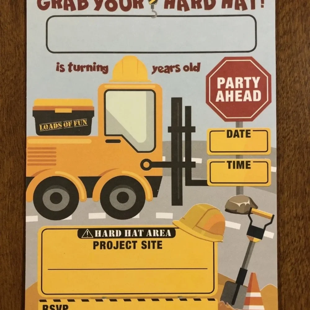 Construction Party Birthday Invitations with Envelopes Pack of 20